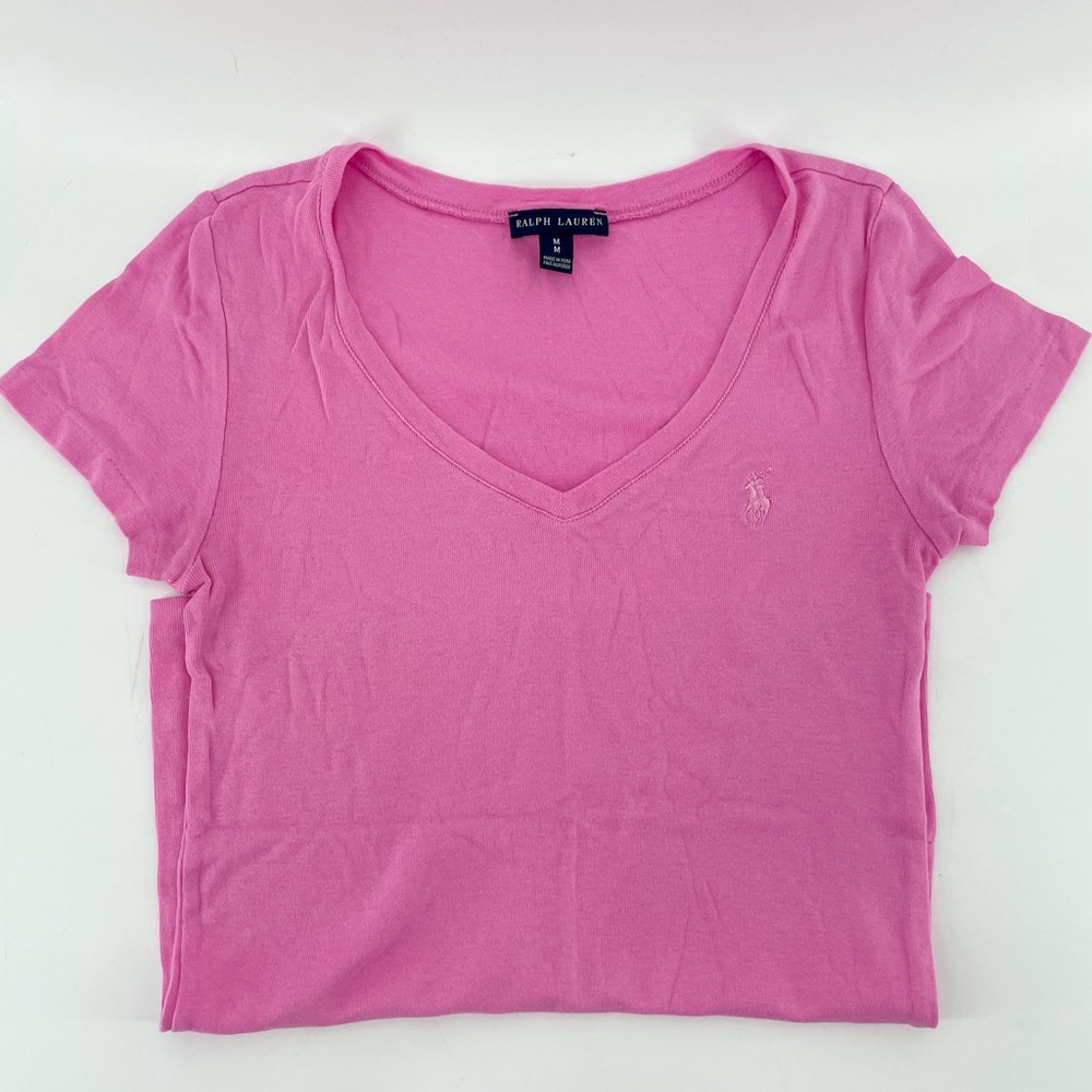 Ralph Lauren V-Neck T-Shirt Pink Cotton Blend Y2K M